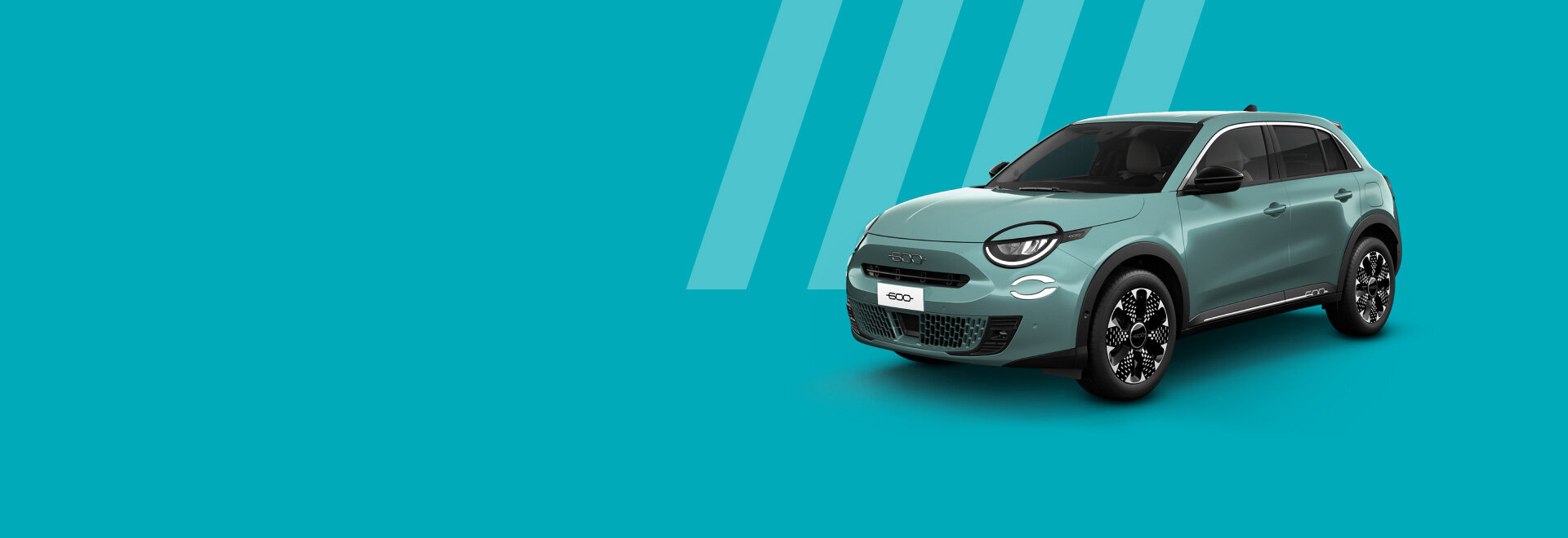 Ein Bild des beworbenen Fiat 600 Hybrid in Acqua Blau. 